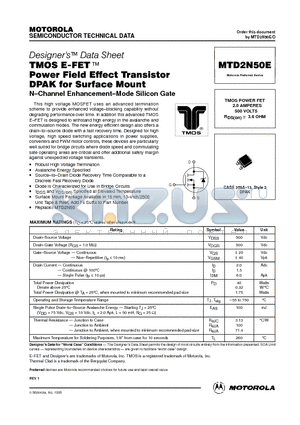 MTD2N50E datasheet - TMOS POWER FET 2.0 AMPERES 500 VOLTS RDS(on) = 3.6 OHM