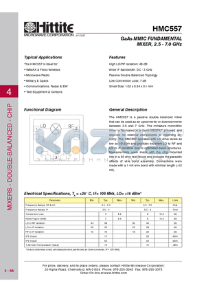 HMC557 datasheet - GaAs MMIC FUNDAMENTAL MIXER, 2.5 - 7.0 GHz