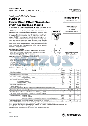 MTD3055VL datasheet - TMOS POWER FET 12 AMPERES 60 VOLTS RDS(on) = 0.18 OHM