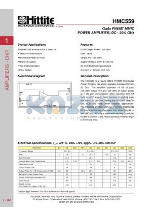 HMC559 datasheet - GaAs PHEMT MMIC POWER AMPLIFIER, DC - 20.0 GHz