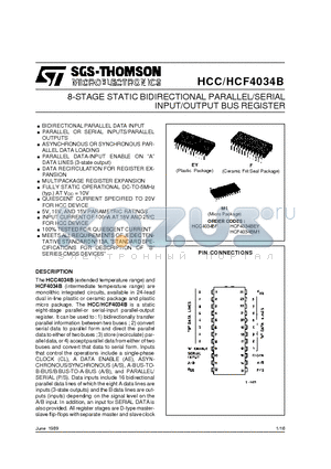 HCF4034BM1 datasheet - INPUT/OUTPUT BUS REGISTER 8-STAGE STATIC BIDIRECTIONAL PARALLEL/SERIAL