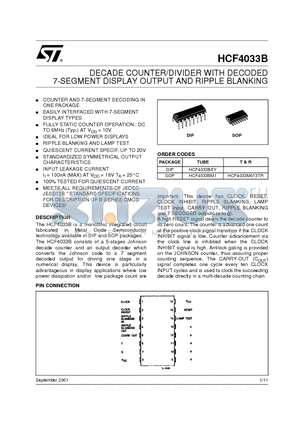 HCF4033M013TR datasheet - DECADE COUNTER/DIVIDER WITH DECODED 7-SEGMENT DISPLAY OUTPUT AND RIPPLE BLANKING