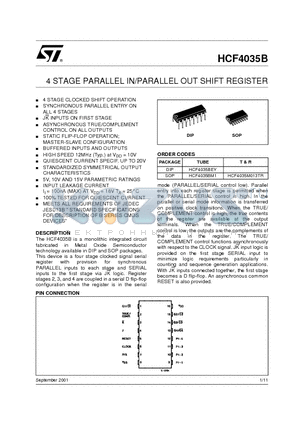 HCF4035B datasheet - 4 STAGE PARALLEL IN/PARALLEL OUT SHIFT REGISTER