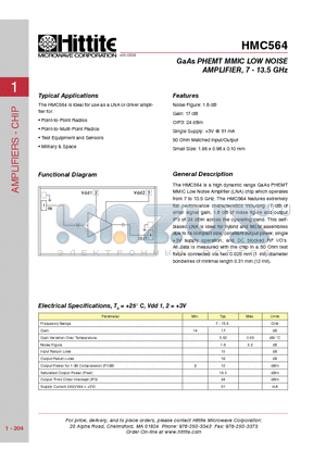 HMC564 datasheet - GaAs PHEMT MMIC LOW NOISE AMPLIFIER, 7 - 13.5 GHz