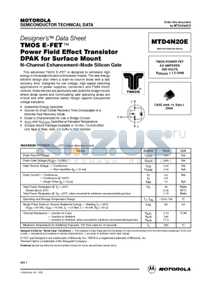 MTD4N20E datasheet - TMOS POWER FET 4.0 AMPERES 200 VOLTS RDS(on) = 1.2 OHM