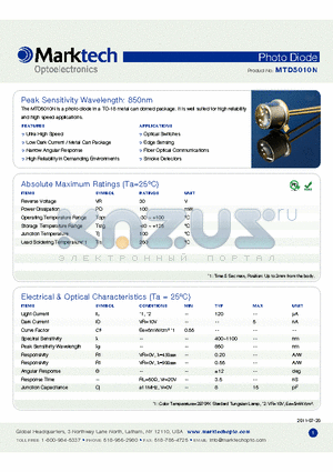 MTD5010N datasheet - Peak Sensitivity Wavelength: 850nm