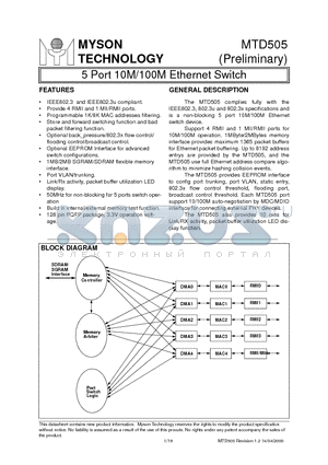 MTD505 datasheet - 5 Port 10M/100M Ethernet Switch