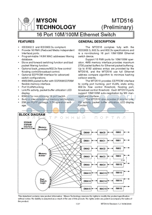 MTD516 datasheet - 16 Port 10M/100M Ethernet Switch