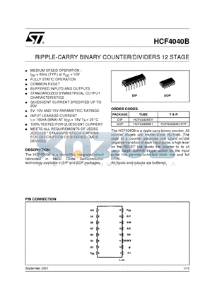 HCF4040M013TR datasheet - RIPPLE-CARRY BINARY COUNTER/DIVIDERS 12 STAGE