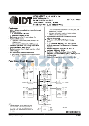 IDT70V7519S166DR datasheet - HIGH-SPEED 3.3V 256K x 36 SYNCHRONOUS BANK-SWITCHABLE DUAL-PORT STATIC RAM WITH 3.3V OR 2.5V INTERFACE