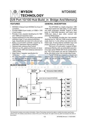 MTD658E datasheet - 5/8 Port 10/100 Hub Build_in Bridge And Memory