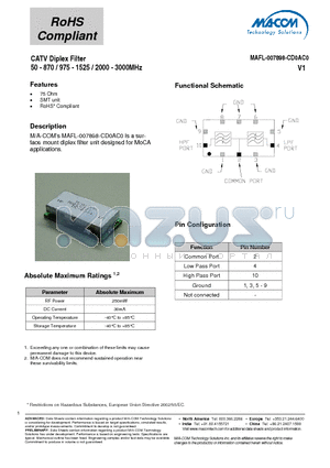MAFL-007898-CD0AC0 datasheet - CATV Diplex Filter 50 - 870 / 975 - 1525 / 2000 - 3000MHz