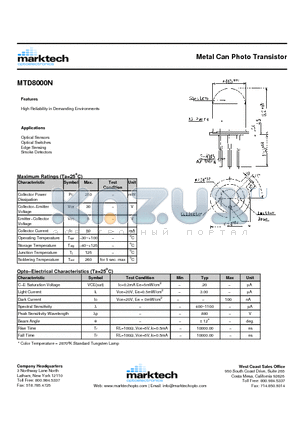 MTD8000N datasheet - Metal Can Photo Transistor