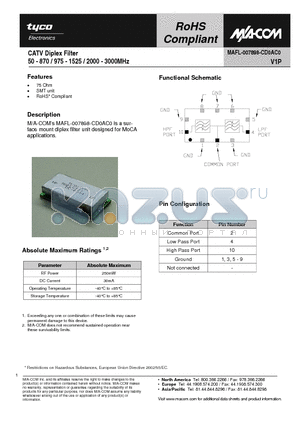 MAFL-007898-CD0AC0 datasheet - CATV Diplex Filter 50 - 870 / 975 - 1525 / 2000 - 3000MHz