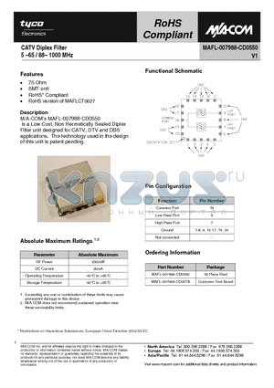 MAFL-007988-CD05TB datasheet - CATV Diplex Filter 5 -65 / 88- 1000 MHz