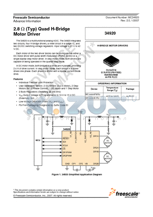 MC34920FNR2 datasheet - 2.8 ohm (Typ) Quad H-Bridge Motor Driver