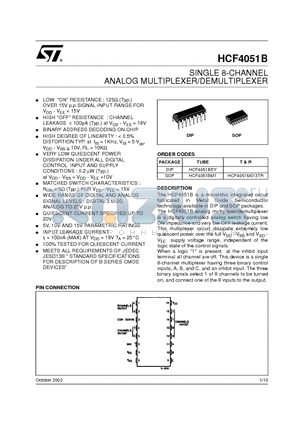 HCF4051B datasheet - SINGLE 8-CHANNEL ANALOG MULTIPLEXER/DEMULTIPLEXER