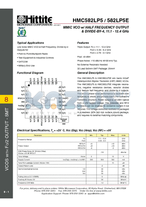 HMC582LP5E datasheet - MMIC VCO w/ HALF FREQUENCY OUTPUT & DIVIDE-BY-4, 11.1 - 12.4 GHz