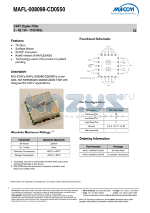 MAFL-008098-CD0550 datasheet - CATV Diplex Filter 5 - 42 / 54 - 1100 MHz