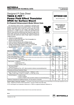 MTD9N10E datasheet - TMOS POWER FET 9.0 AMPERES 100 VOLTS RDS(on) = 0.25 OHM