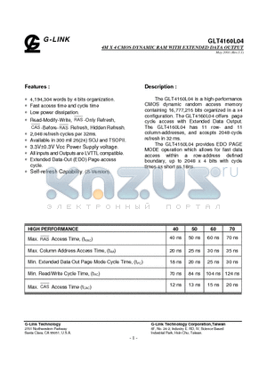 GLT4160L04-50TC datasheet - 4M X 4 CMOS DYNAMIC RAM WITH EXTENDED DATA OUTPUT