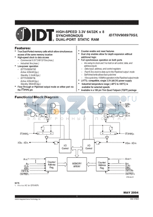 IDT70V9089L7PF datasheet - HIGH-SPEED 3.3V 64/32K x 8 SYNCHRONOUS DUAL-PORT STATIC RAM