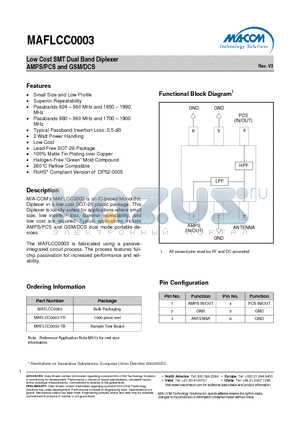 MAFLCC0003-TR datasheet - Low Cost SMT Dual Band Diplexer AMPS/PCS and GSM/DCS