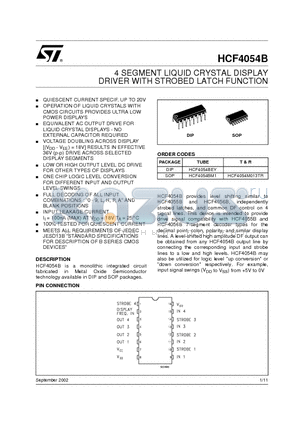 HCF4054B datasheet - 4 SEGMENT LIQUID CRYSTAL DISPLAY DRIVER WITH STROBED LATCH FUNCTION