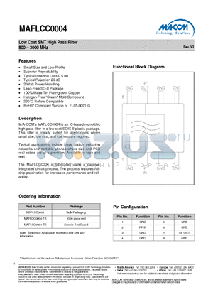 MAFLCC0004-TB datasheet - Low Cost SMT High Pass Filter 800 - 3000 MHz