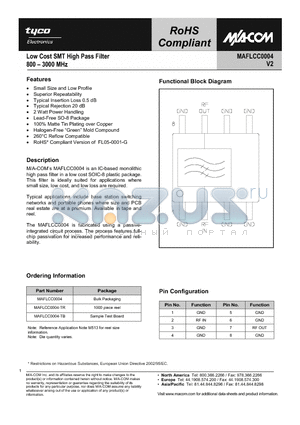 MAFLCC0004-TR datasheet - Low Cost SMT High Pass Filter 800 - 3000 MHz