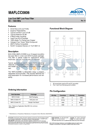 MAFLCC0006-TB datasheet - Low Cost SMT Low Pass Filter DC - 1000 MHz