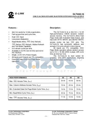 GLT440L16-35J4 datasheet - 256K X 16 CMOS DYNAMIC RAM WITH EXTENDED DATA OUTPUT