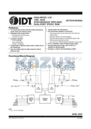 IDT70V9099L9PFI datasheet - HIGH-SPEED 3.3V 128K x9/x8 SYNCHRONOUS PIPELINED DUAL-PORT STATIC RAM