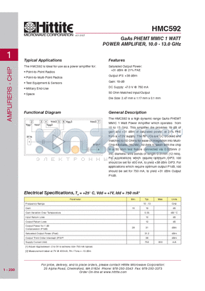 HMC592 datasheet - GaAs PHEMT MMIC 1 WATT POWER AMPLIFIER, 10.0 - 13.0 GHz