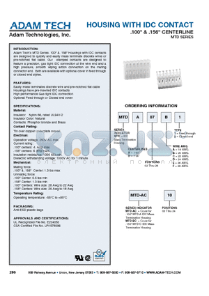 MTDA05A1 datasheet - HOUSING WITH IDC CONTACT .100 & .156 CENTERLINE
