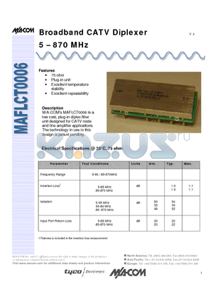 MAFLCT0006 datasheet - Broadband CATV Diplexer 5 - 870 MHz
