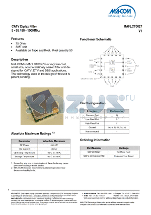 MAFLCT0027 datasheet - CATV Diplex Filter 5 - 65 / 88 - 1000MHz