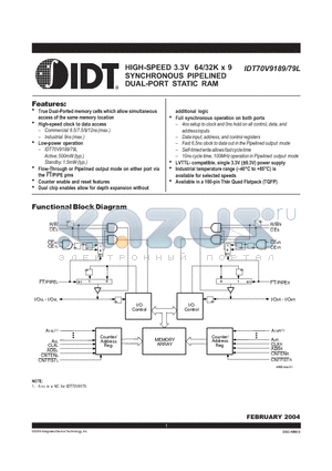 IDT70V9179L7PFI datasheet - HIGH-SPEED 3.3V 64/32K x 9 SYNCHRONOUS PIPELINED DUAL-PORT STATIC RAM