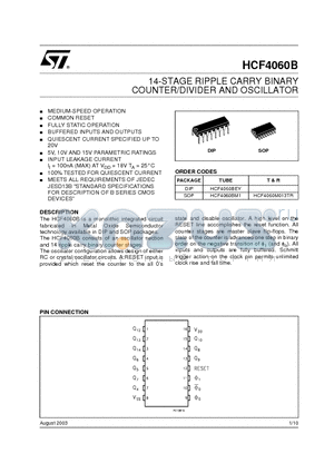 HCF4060BEY datasheet - 14-STAGE RIPPLE CARRY BINARY COUNTER/DIVIDER AND OSCILLATOR