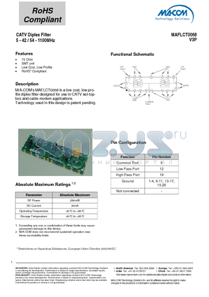 MAFLCT0068 datasheet - CATV Diplex Filter 5 - 42 / 54 - 1100MHz