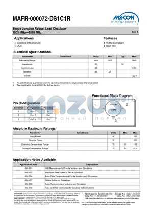 MAFR-000072-DS1C1R datasheet - Single Junction Robust Lead Circulator 1805 MHz-1880 MHz