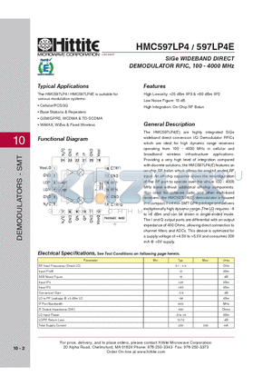 HMC597LP4 datasheet - SiGe WIDEBAND DIRECT DEMODULATOR RFIC, 100 - 4000 MHz