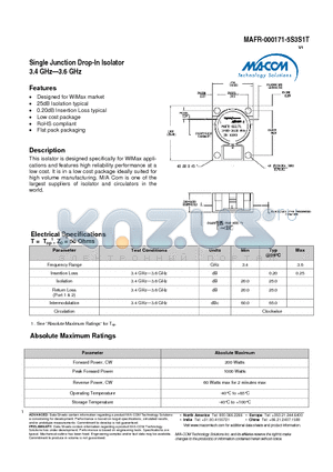 MAFR-000171-5S3S1T datasheet - Single Junction Drop-In Isolator 3.4 GHz-3.6 GHz
