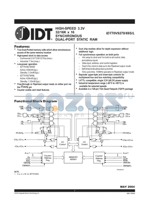 IDT70V9269L9PRF datasheet - HIGH-SPEED 3.3V 32K x 16 SYNCHRONOUS DUAL-PORT STATIC RAM