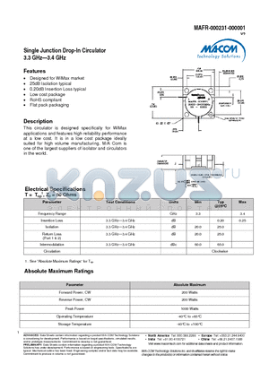 MAFR-000231-000001 datasheet - Single Junction Drop-In Circulator 3.3 GHz-3.4 GHz