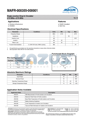 MAFR-000355-000001 datasheet - Single Junction Drop-In Circulator 2110 MHz-2170 MHz