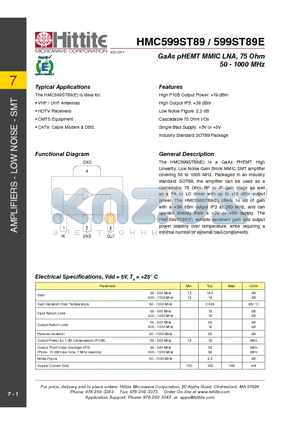 HMC599ST89E datasheet - GaAs pHEMT MMIC LNA, 75 Ohm 50 - 1000 MHz