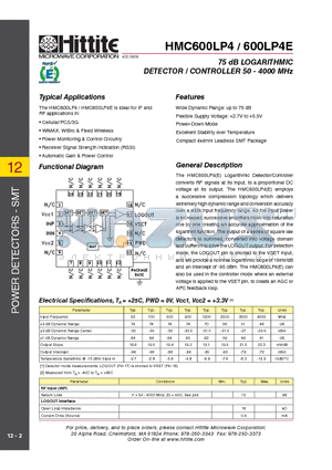 HMC600LP4E datasheet - 75 dB LOGARITHMIC DETECTOR / CONTROLLER 50 - 4000 MHz
