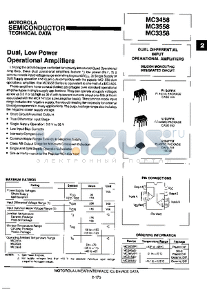 MC3558 datasheet - Dual, Low Power Operational Amplifiers