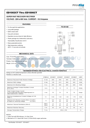 ED1003CT datasheet - SUPER FAST RECOVERY RECTIFIER(VOLTAGE - 200 to 600 Volts CURRENT - 10.0 Amperes)